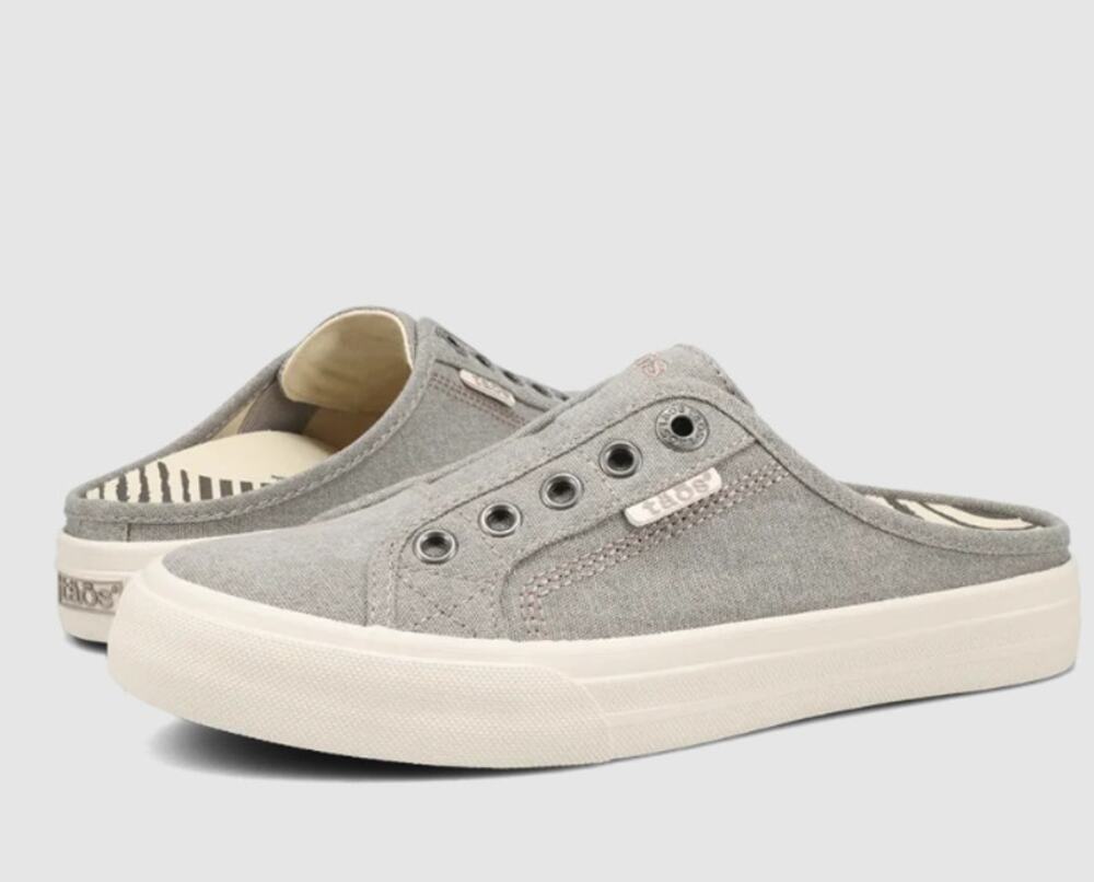 Taos EZ Soul Sneaker Mules Womens 7 Gray Washed Canvas Slip On Comfort Flexible